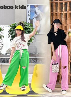 墨宝童装 MoobooKids_粉绿两色破洞亲子运动裤+灰色白色印花短款T