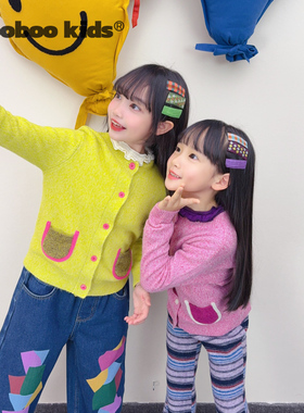 墨宝童装 MoobooKids_羊绒花纱撞色口袋开衫毛衣粉色圣诞毛衣女童