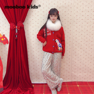 马年新年红小马祝福撞色扣毛衣 狐狸毛围脖 新年B入银闪直筒裤