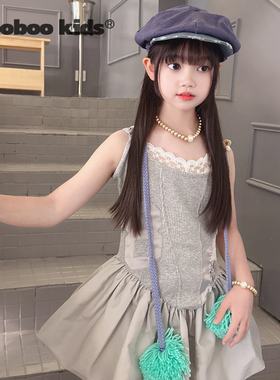 花灰色拼接蕾丝徽章芭蕾风修身花苞吊带裙+蕾丝防走光吊带上衣