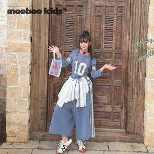 墨宝童装 MoobooKids_超腔调的重工洗水灰蓝色贴布印花运动套装