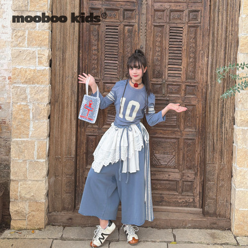 墨宝童装 MoobooKids_超腔调的重工洗水灰蓝色贴布印花运动套装