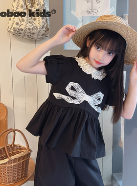 MoobooKids_ 复古泡泡袖上衣撞色蕾丝蝴蝶结小衫+白色花边直筒裤