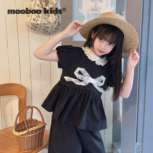 MoobooKids_ 复古泡泡袖上衣撞色蕾丝蝴蝶结小衫+白色花边直筒裤
