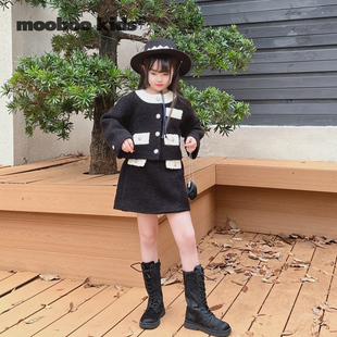 墨宝童装 MoobooKids_粗花呢羊毛拼珍珠扣小香风套装 6岁女中童秋