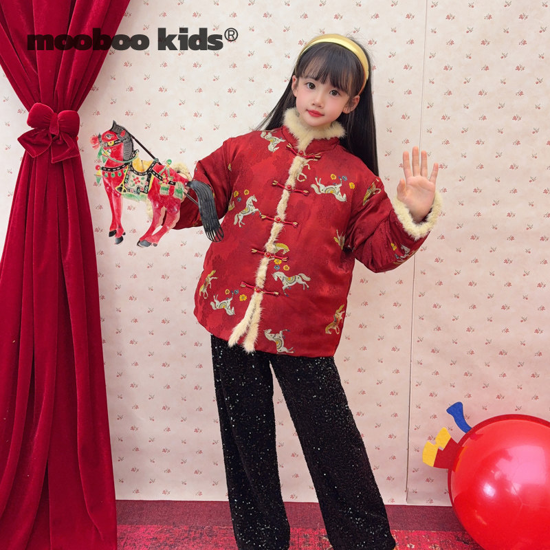 墨宝童装 MoobooKids_新年万马奔腾红色新年棉服旗袍外套