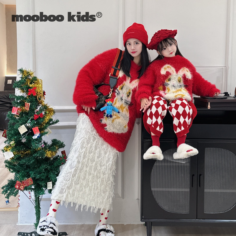 墨宝童装 moobookids_新年兔红色水貂毛亲子毛衣