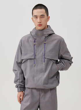 APOECHO 西装面料冲锋衣 早春新款男士休闲百搭灰色格纹连帽上衣