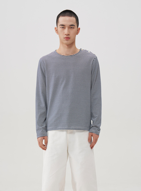 APOECHO 轻熟风撞色条纹亨利领纯棉长袖T恤男休闲百搭打底衫上衣