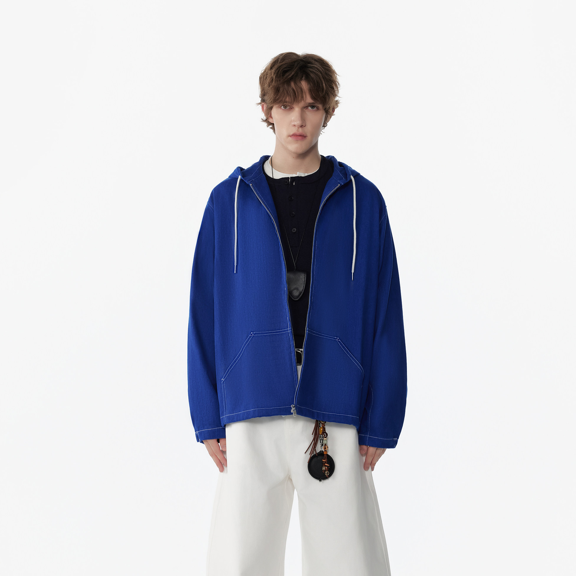 APOECHO 卫衣男款克兰因蓝秋季流行风男士连帽纯色拉链牛仔外套
