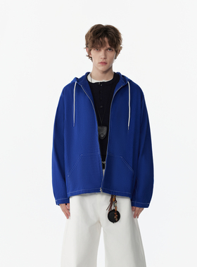 APOECHO 卫衣男款克兰因蓝秋季流行风男士连帽纯色拉链牛仔外套