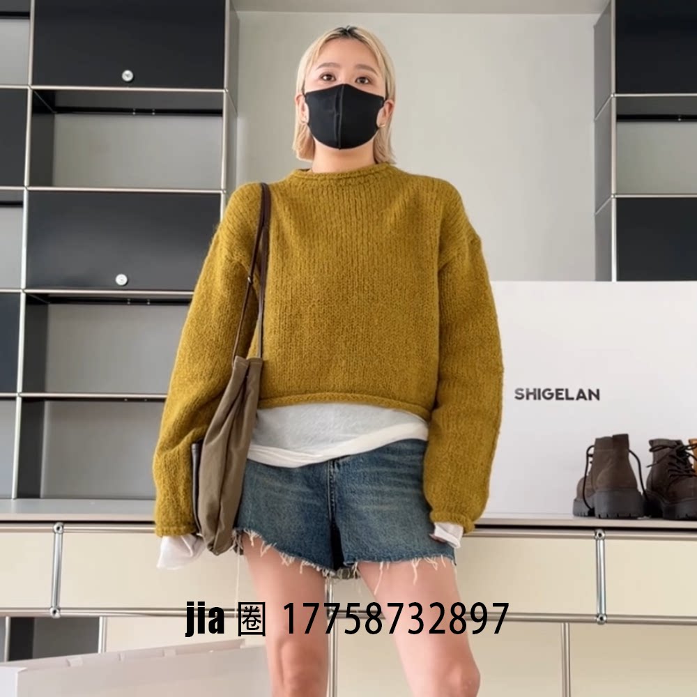 2026早秋新品姜黄色短款圆领毛衣女 价私