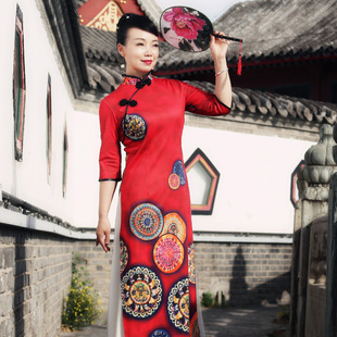 套装 雨夜新款 广场舞走秀旗袍立领古典女舞台演出中国风连体裙纱裤