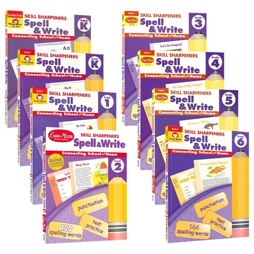 全年级英语拼写 Evan Moor Skill Sharpeners Spell & Write Prek-G6 美国学龄前幼儿园小学加州教材教辅 技能铅笔刀系列练习册
