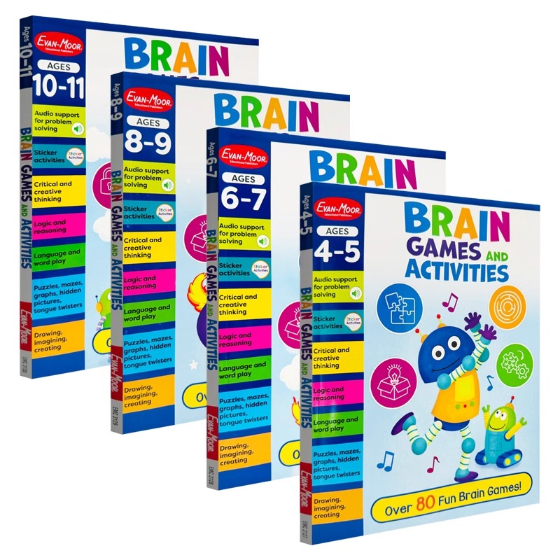 Evan-Moor BrainGames and Activities Ages 4-11 脑力游戏与活动书4册 美国加州教辅 幼儿益智活动书 含音频 英文原版进口