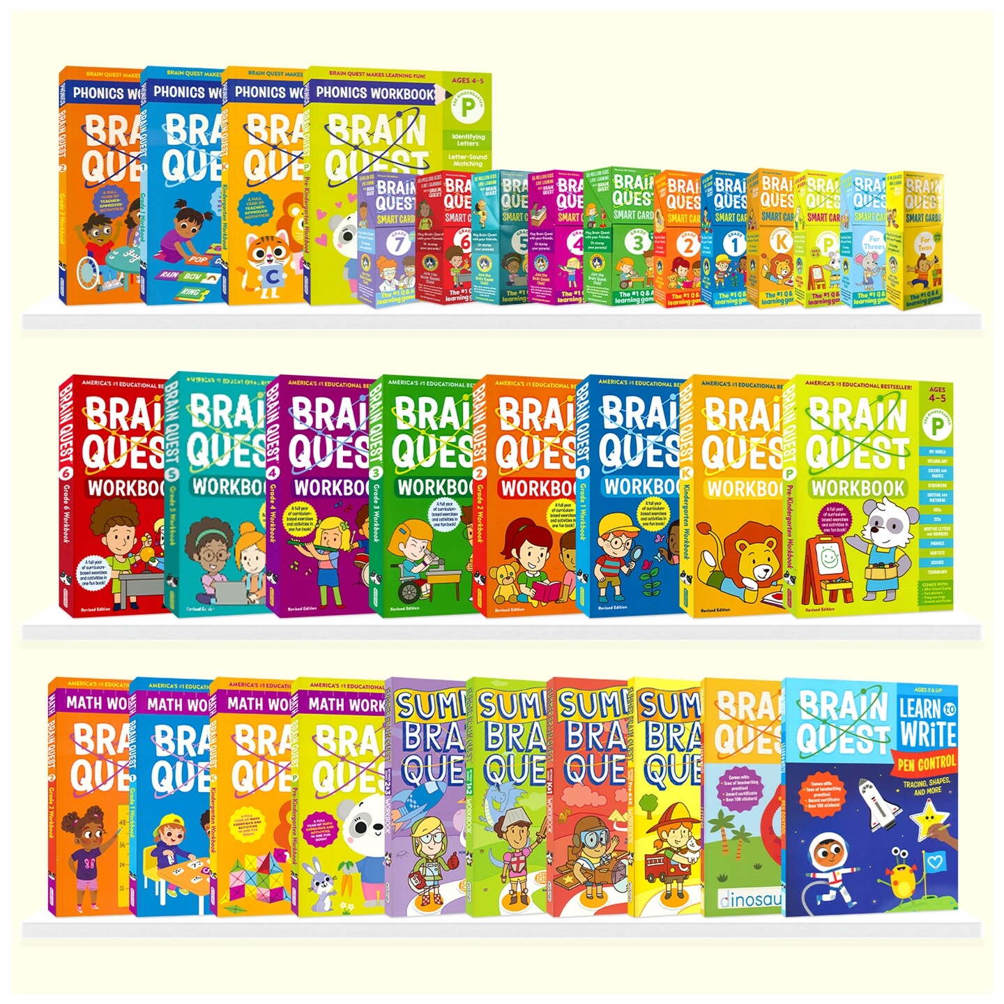 Brain Quest Workbook Smart Cards 学龄前-6年级 大脑任务全科练习册 互动问答卡 自然拼读 数学 书写练习 益智活动 英文原版教辅