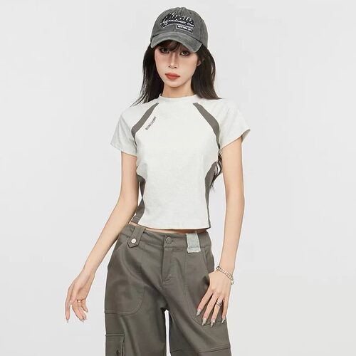撞色设计感修身显瘦跑步运动t恤女 美式复古短款高级感露脐上衣潮