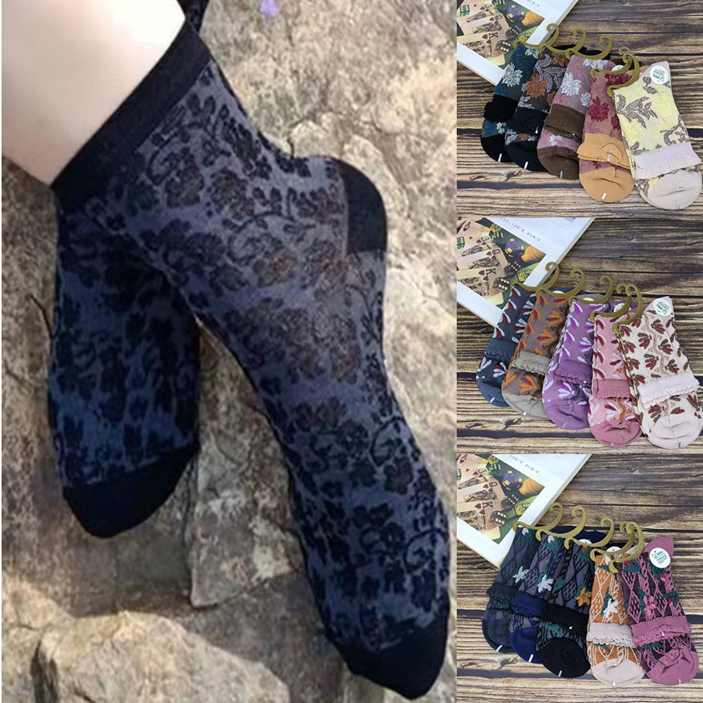 鹿人桑蚕丝袜子6019提花中筒女袜