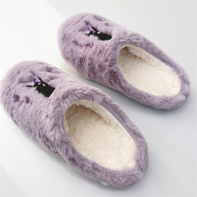 外贸毛绒棉拖刺绣黑猫包跟地板拖