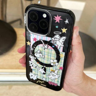 九点半磁吸贝贝壳涂鸦星愿天使黑白框适用于苹果17promax 15pro全包防摔支架保护套 16PM手机壳iPhone17Pro