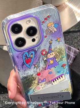 九点半可爱紫色渐变魔法天使小喵金属隐藏支架适用于苹果17promax/16PM手机壳iPhone17Pro/15pro防摔保护壳