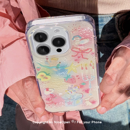 九点半白鹿同款磁吸莫奈草莓KT猫双层立体适用于苹果17promax/16PM手机壳iPhone17air/15pro防摔便携保护壳