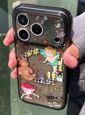 九点半双层透黑鎏金红酒小天使梦幻磁吸支架适用于苹果17promax/16PM手机壳iPhone17Pro抗黄全包防摔保护套