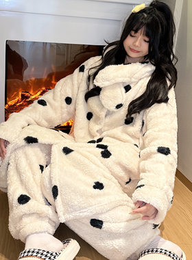 甜美圆点印花连帽睡袍女套装冬季加绒加厚法兰绒女睡衣学生可外出