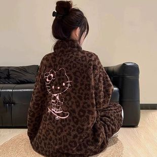 新款珊瑚绒蝴蝶结豹纹Kitty猫睡衣套装女冬季加绒加厚外穿家居服