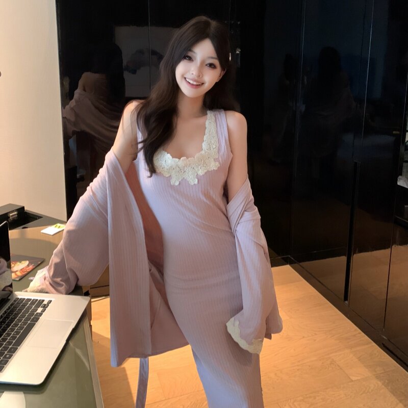 甜美纯欲风仿羊绒棉长睡裙女套装冬季新款保暖高级感蕾丝边睡衣女