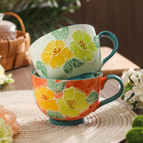 复古陶瓷杯手绘浮雕濑户烧早餐杯