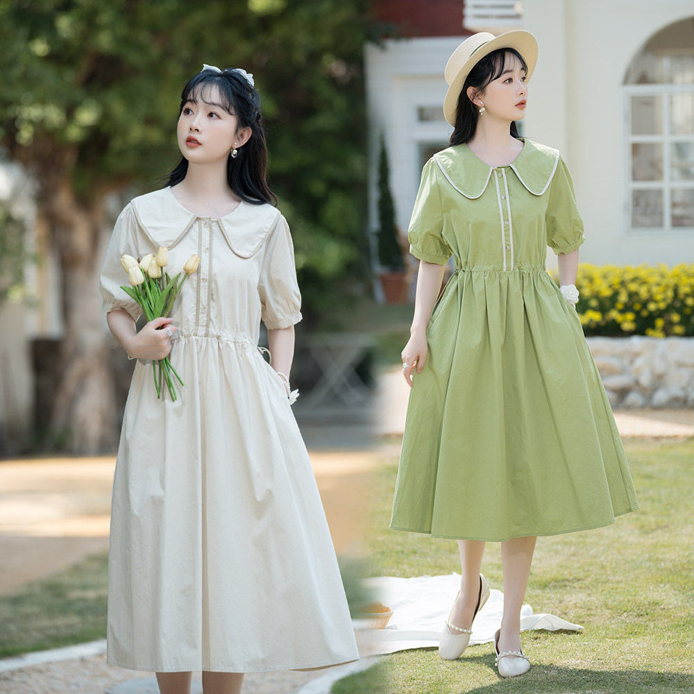 初中生甜美少女初恋裙夏季娃娃领学院风宽松短袖中长款绿色连衣裙
