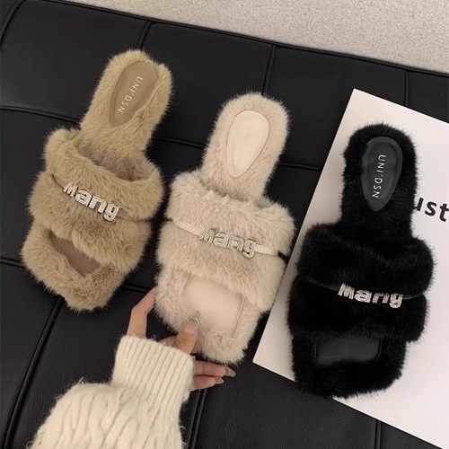 粗跟毛毛拖鞋女款外穿2025年