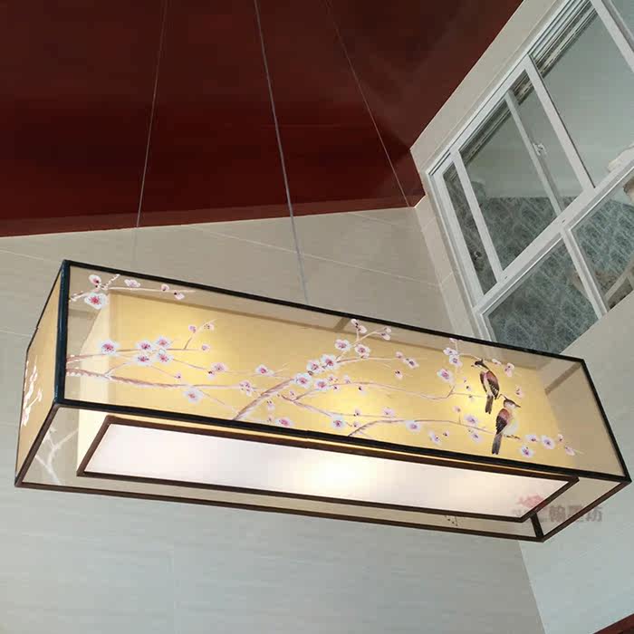 新中式餐厅吊灯现代仿古手绘布艺吧台长方形吊灯创意茶楼酒店吊灯
