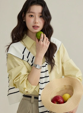 清新黄色内搭韩系通勤配条纹披肩天丝衬衫女装春季两件套长袖衬衣