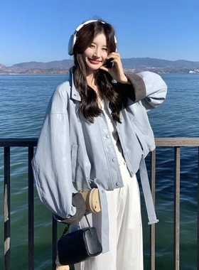 浅蓝色小个子短款立领皮衣外套春超好看气质减龄PU皮夹克女设计感