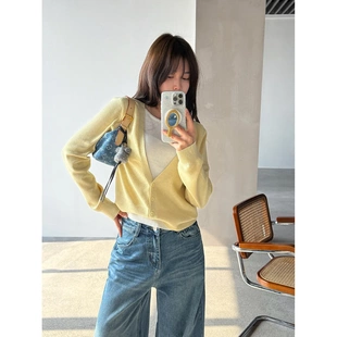 淡黄色灰色软糯羊毛层次感假两件v领针织开衫女慵懒休闲毛衣外套