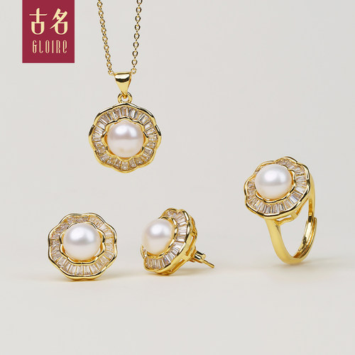 古名珍珠套装14K金太阳花首饰