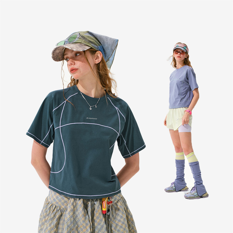 Mysticeast夏季户外凉感运动透气哈苏线短款速干短袖t恤女上衣
