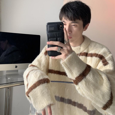 条纹麻花圆领毛衣男秋冬季加厚