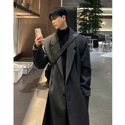 褶皱中长款秋冬季毛呢大衣男过膝