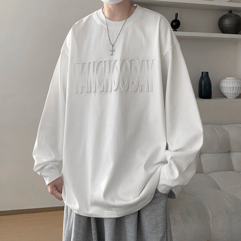 港风潮牌宽松纯色钢印圆领长袖T恤男重磅纯棉白色春秋款打底衫男