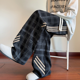 秋冬季新款2025格子休闲裤男三条杠男裤子直筒裤卫裤拖地长裤潮牌