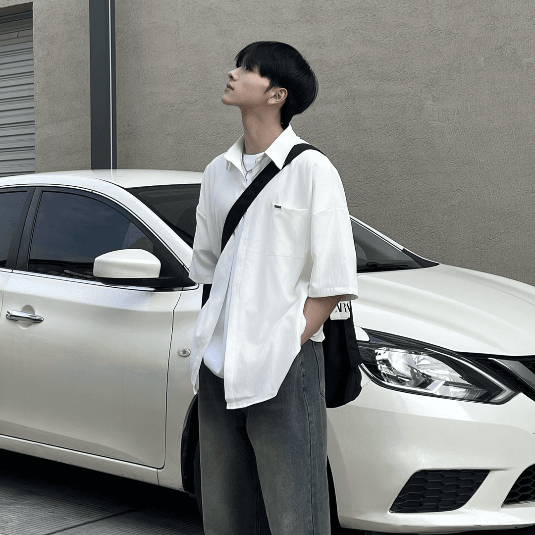 肌理纹冰丝短袖衬衫男夏季白色