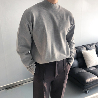 宽松加厚半高领灰色毛衣男秋冬季