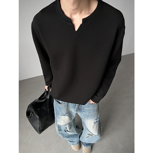 2025秋季新款亨利领坑条肌理感V领长袖T恤男宽松潮牌休闲卫衣美式
