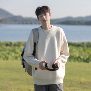 纯色圆领毛衣男冬季加厚宽松港风潮流青少年长袖保暖针织衫外套