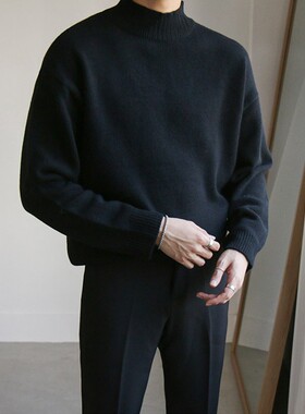 黑色加绒加厚半高领毛衣男宽松中领针织衫保暖打底衫潮ins秋冬季