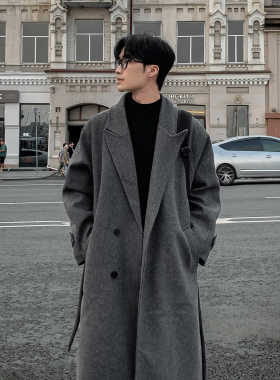 毛呢大衣男中长款灰色英伦帅气韩版潮流西装领过膝高级感风衣外套