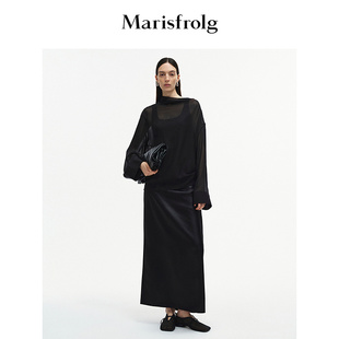 黑色微阔肩真丝衬衫 Marisfrolg玛丝菲尔2025秋新款 不对称褶皱上衣